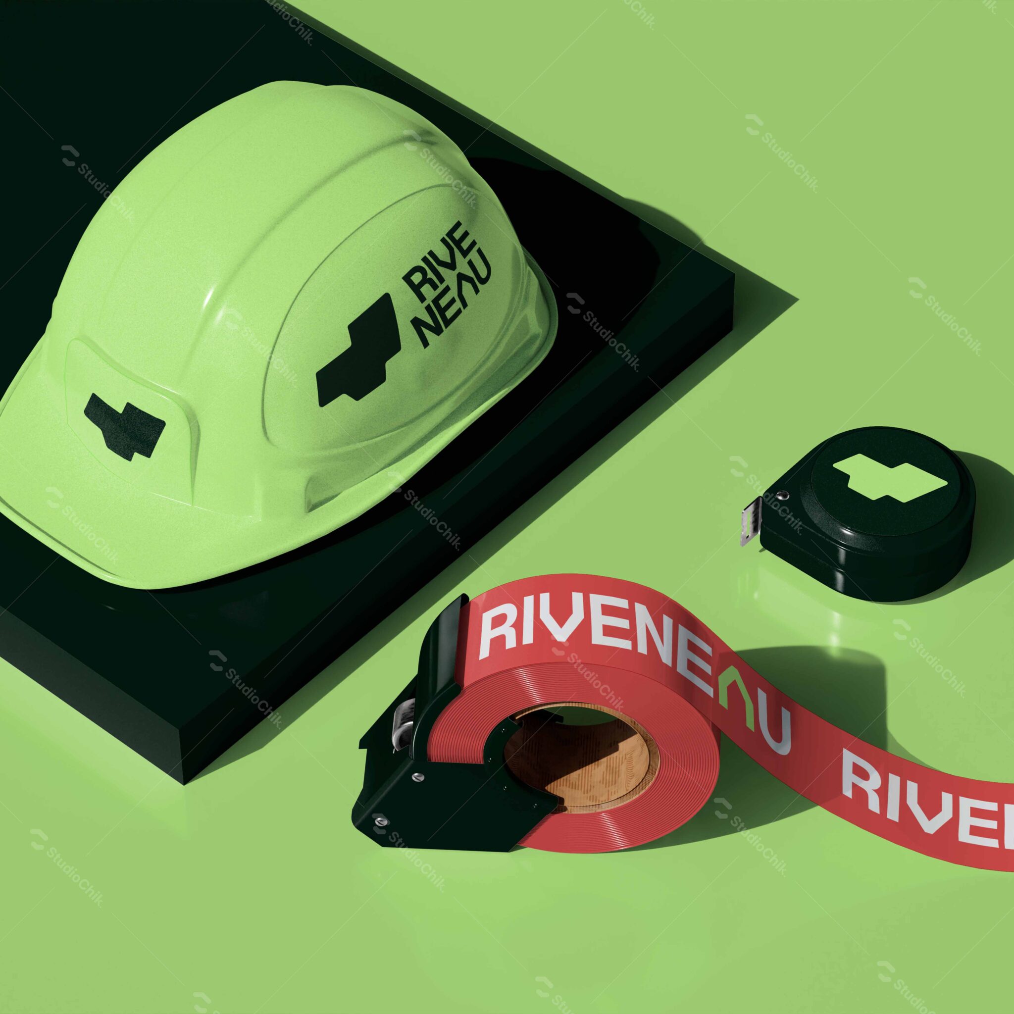 casque de chantier riveneau avec mètre et rubalise riveneau